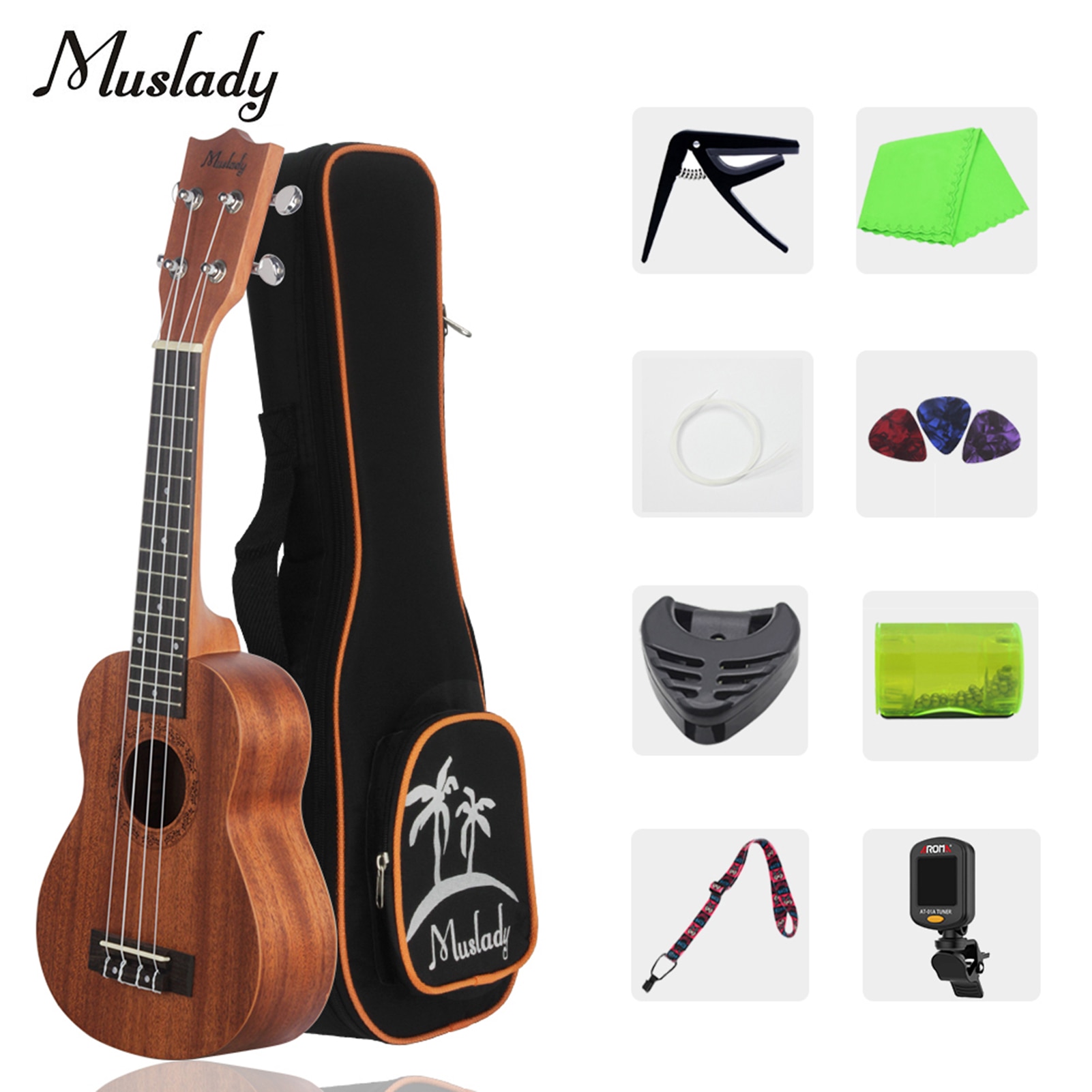 Muslady-Ukelele Soprano de madera de caoba, 21 pulgadas, con bolsa de transporte, sintonizador de cuerdas, púas de celuloide,