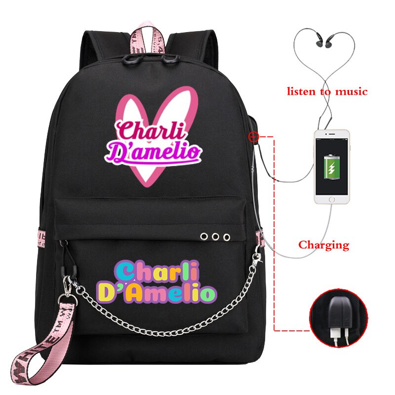 Mochila Feminina Women Backpack Charli School Bags Usb Charge Laptop Back Pack Men Charli Damelio Bags for Teenage Girls Travel: 810-527-Charli-B 1