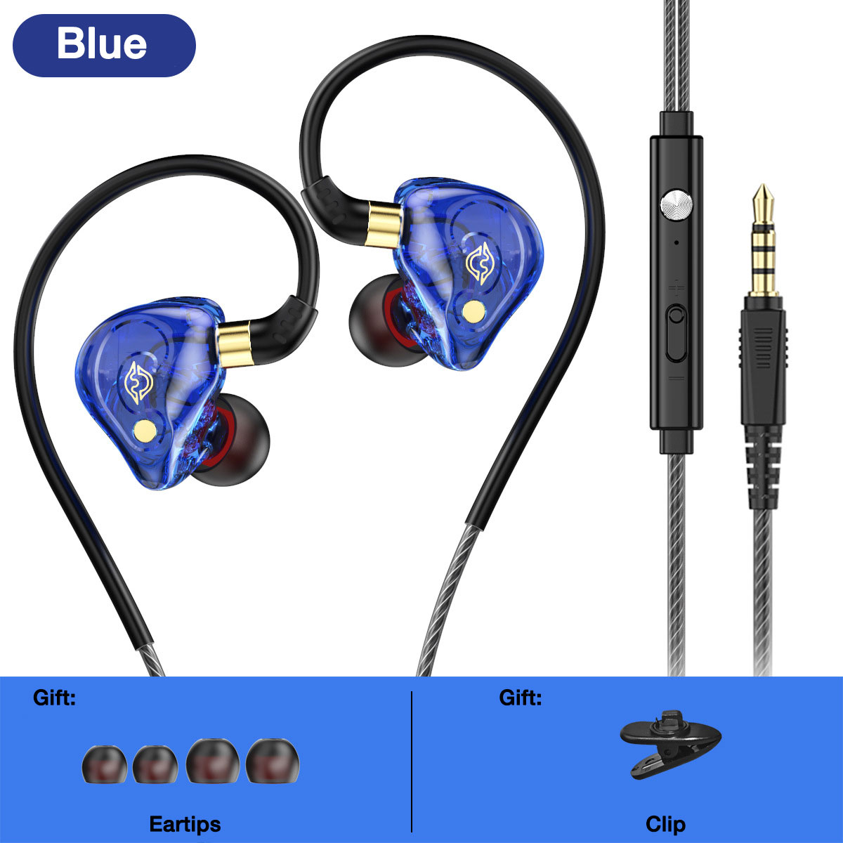 EARDECO-auriculares con cable de 3,5mm, cascos con micrófono, auriculares con cable, estéreo de graves, con cancelación de ruido, gancho para la oreja deportivo: Azul