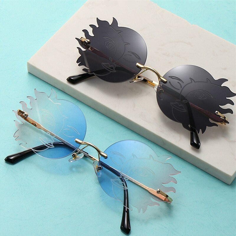 Rimless Round Sunglasses Women Personality Frameless Sunglasses Funny Polygonal Moon Smiley Ladies Eyeglasses Driver Goggles