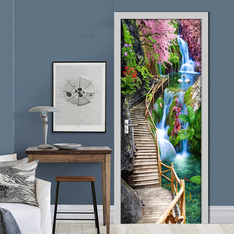 Modern Bridge Waterfall Scenery 3D Door Stickers Mural PVC Self-adhesive 3D Wallpaper For Living Room Bedroom Door Decor Decals