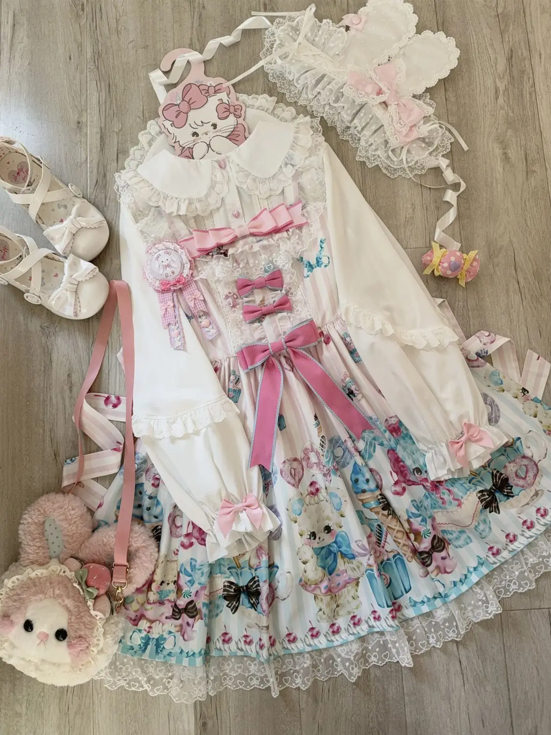 Original Japanese Lolita Suspender Dress Jsk Summer Female Sweet Cute Bow Bear Print Princess Tea Party Dress Loli Lo Dress