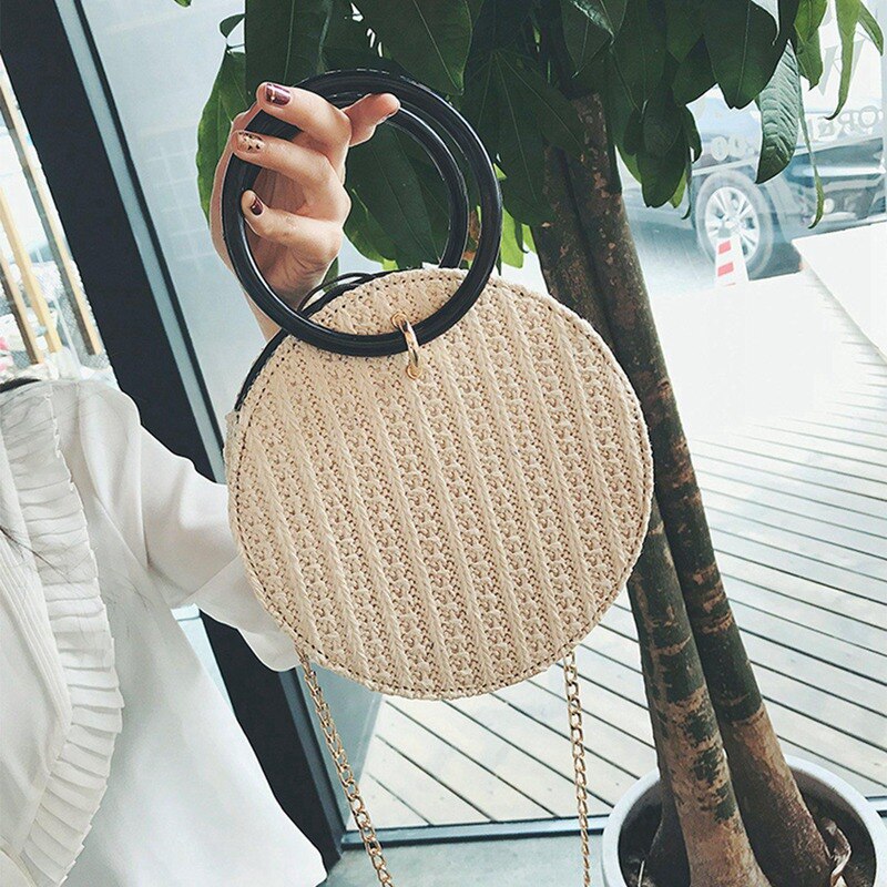 Sommer Handtasche Hand-woven Stroh Weibliche Runde Telefon tasche Tragbare Strand tasche Kette Schulter tasche