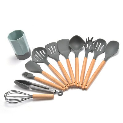 Juego de utensilios de cocina de silicona, cocina antideslizante con mango de madera con cubo de almacenamiento, cuchara, utensilios de cocina creativos: 11pcs with Storage