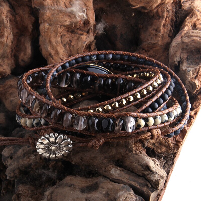 RH-pulsera Bohemia con cuentas y piedras naturales para mujer, brazalete de 5 hebras con abalorios, color negro,