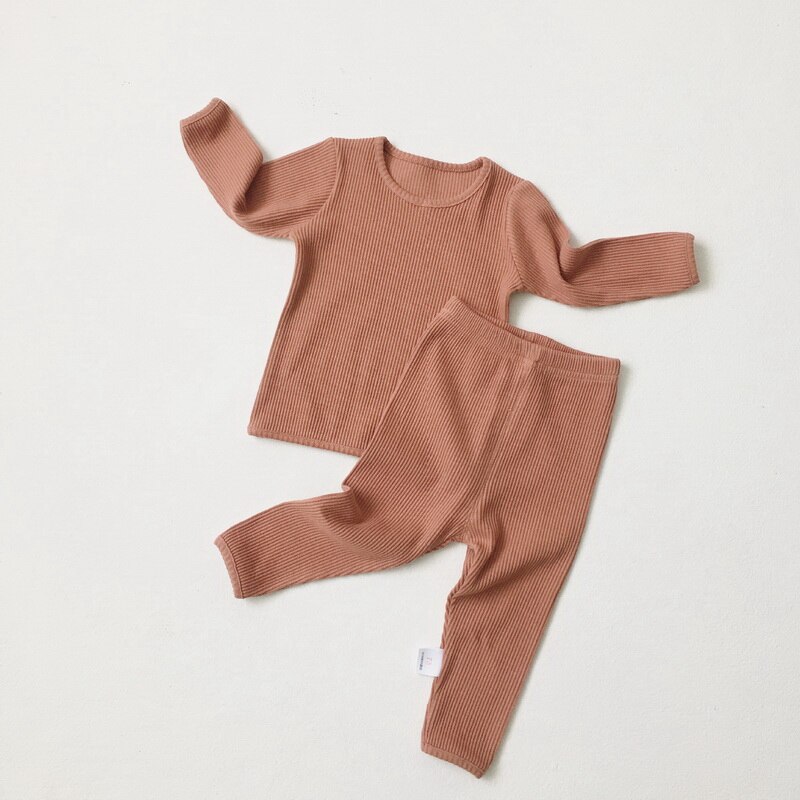 Autumn Winter Baby Pajamas Knitting Waffee Long Sleeve Cotton Girl Boy Overalls with Pants Baby Clothes: pink / 110cm(3-4year)