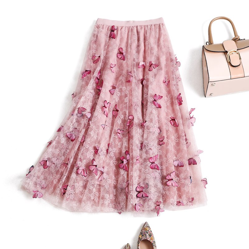 GIGOGOU 3D Schmetterling Frauen Chiffon Röcke Stickerei Floweral Gittergewebe Plissee Felsen 3 Schichten Lange Tüll Ballettröckchen Felsen Jupe Longue