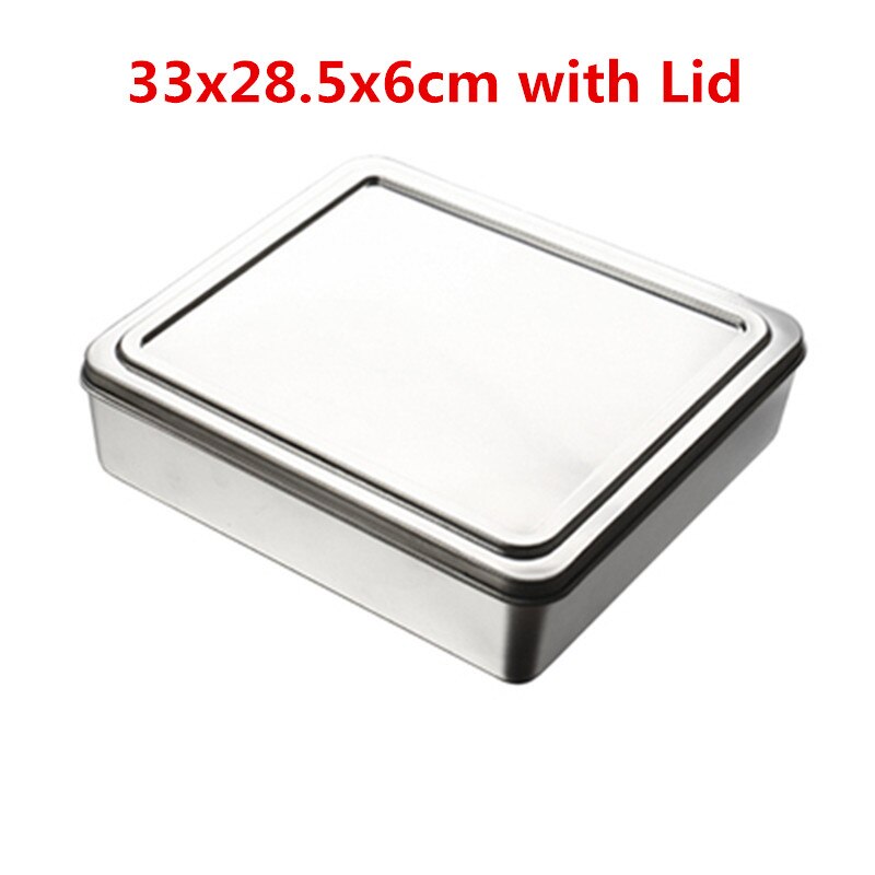 Thick 304 Stainless Steel Rectangular square Plate pan deep tray box with lid Grill BBQ Container plate set Storage serving dish: 33x28.5x6cm with Lid