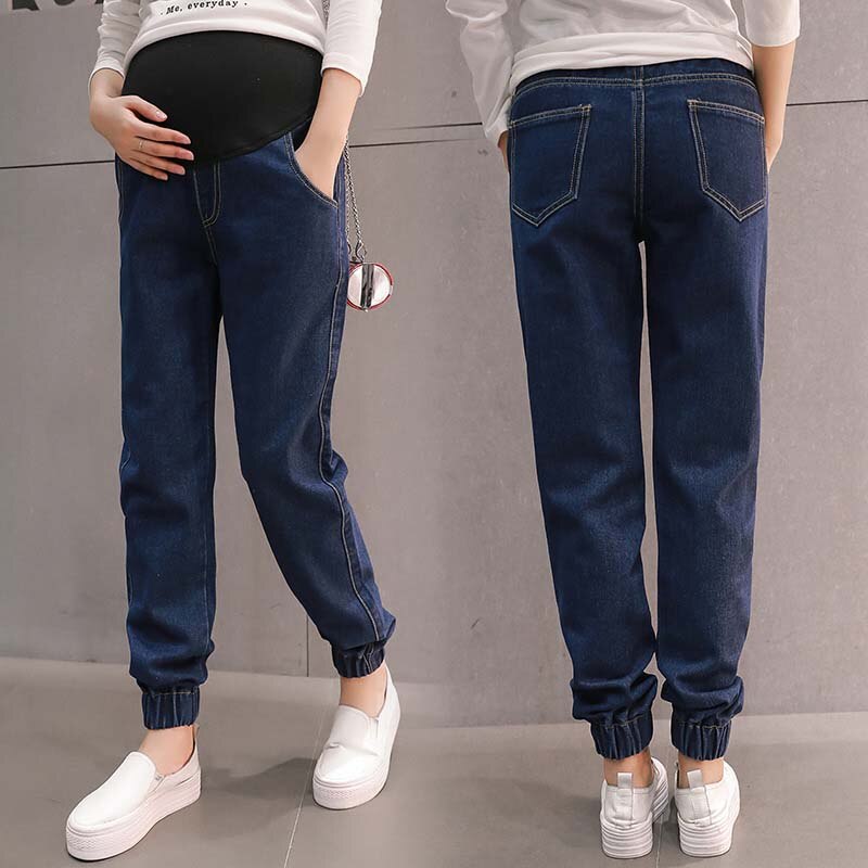 Elastic Waist Hole Stretch Denim Maternity Belly Jeans Autumn Spring Pants Clothes for Pregnant Women Pregnancy Pencil Trousers