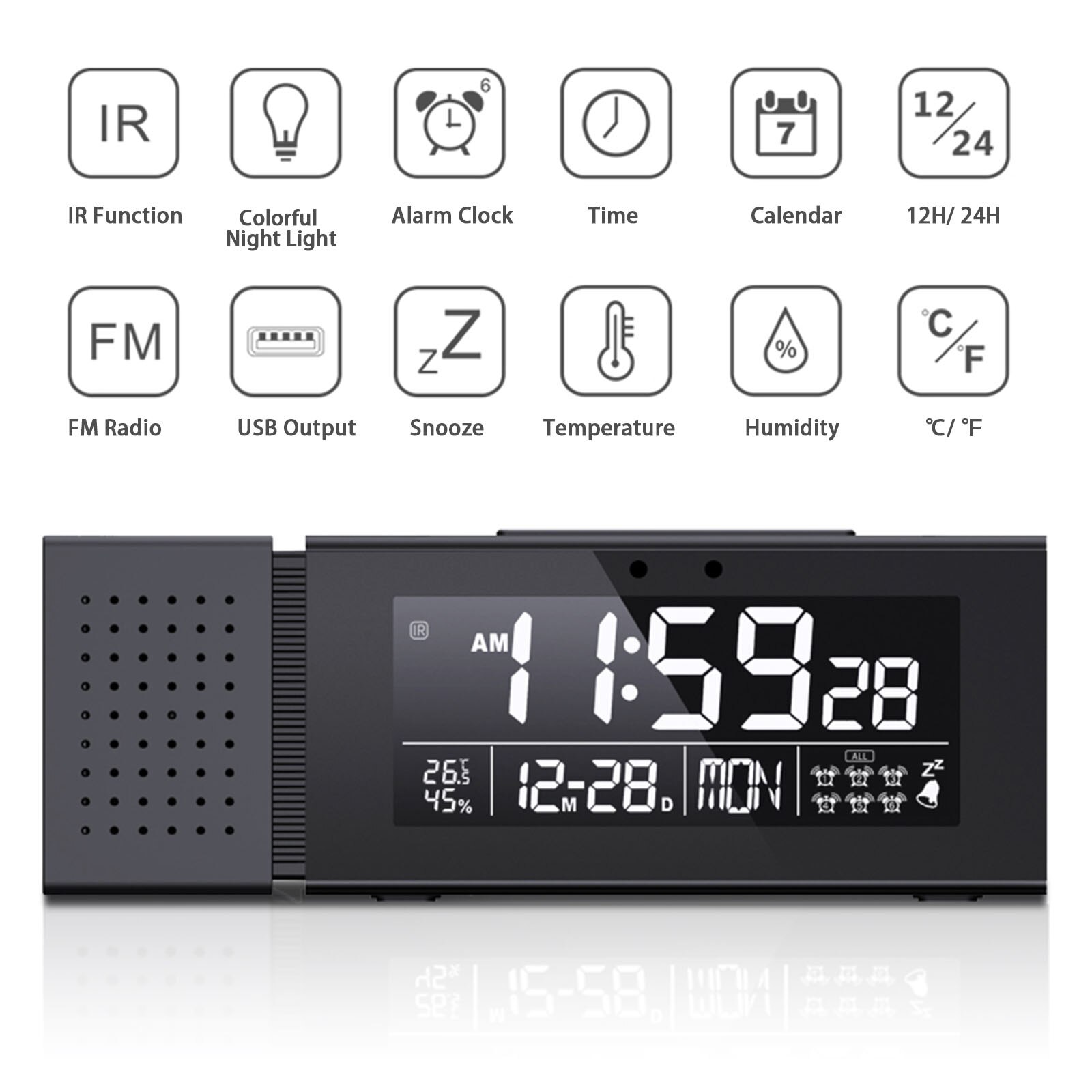 5-in-1 Alarm Clocks IR Function FM Radio Desk Table Clocks Temperature Humidity Monitor Wall Clocks with 7 Color Night Lights