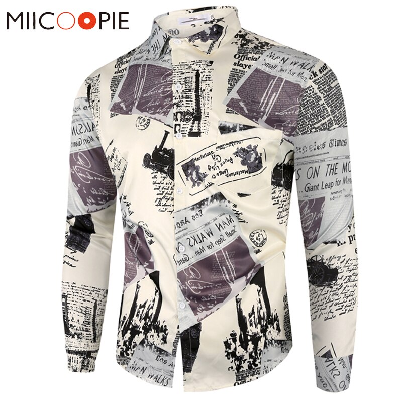 Vintage Shirts Mens Long Sleeve Korean Casual Newspaper Floral Print Social Camisas Dress Shirt Men Streetwear