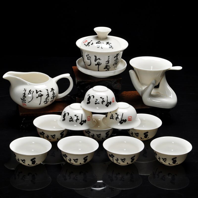 14 Piece Kung Fu Tea Set, Chinese Include White Ceramic Glazed Porcelain Dragon 10pcs Tea Cups and Teapot