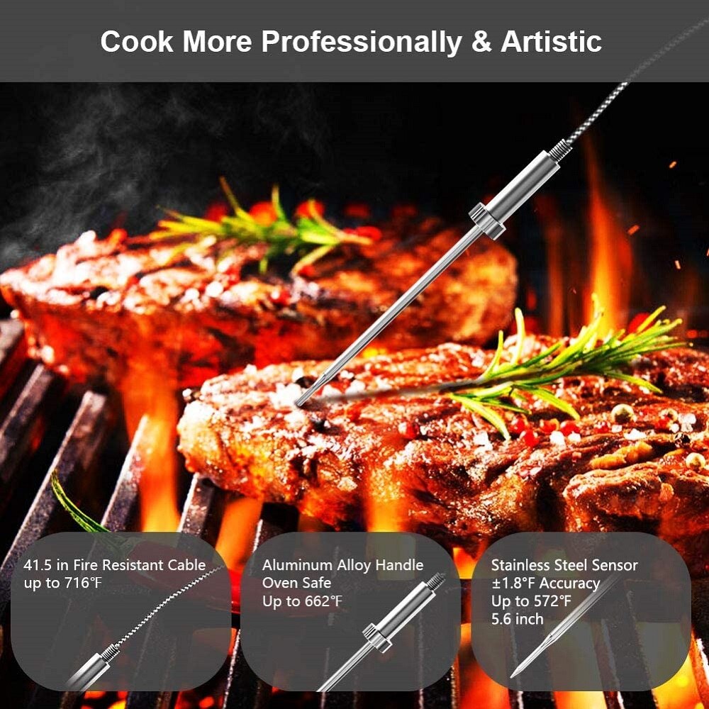 AIRMSEN Wireless Bluetooth Thermometer Remote Digital Kitchen Cooking Food Meat Thermometer With Probe For BBQ Smoker Grill Oven