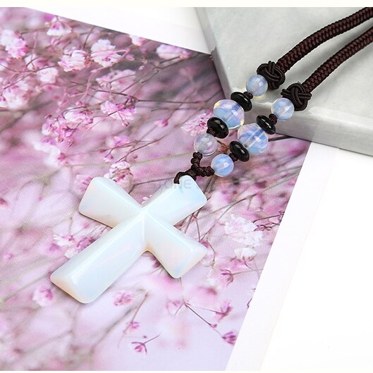 Natural Stone Cross Necklace Hand-woven Rope for Women and Girls Long Sweater Chain Jewelry: White