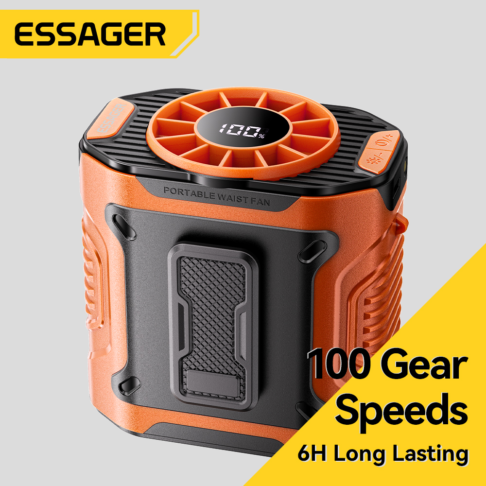 Essager-ventilador de cintura de alta velocidad, ventilador portátil para exteriores, cuello colgante, viento fuerte con iluminación LED PowerBank para trabajo al aire libre