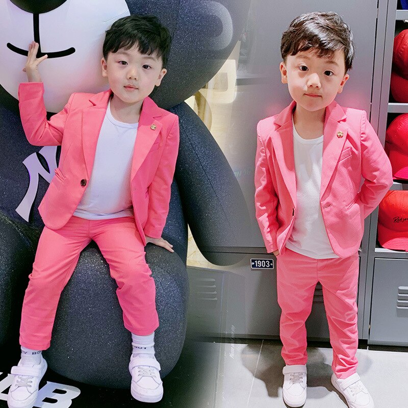 Spring Children's Suit Set Flower Boys British Handsome Wedding Party Costume Kids Blazer Pants 2pcs Outfits: pink / 24M