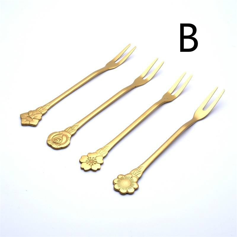 4PCS/Set Flowers Stainless Steel Fruit Fork Flower Handle Fruit Forks: B