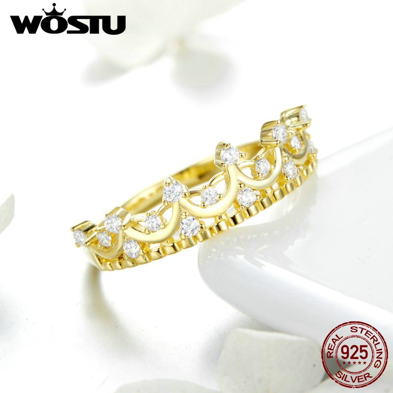 Wostu Real 925 Sterling Zilver Goud Kleur Koningin Kroon Ring Zirkoon Vinger Voor Vrouwen Wedding Engagement Ringen 925 Sieraden CQR493