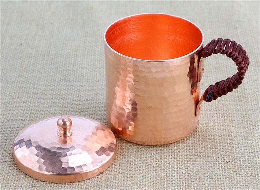 taza de cobre puro hecha a mano grueso sólido pulido fino Prevención de Vitiligo púrpura con tapa tazas de café