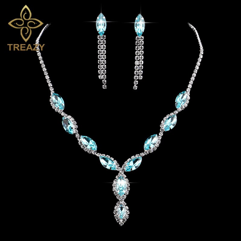 TREAZY Luxe Bruids Sieraden Sets Hemelsblauw Kleur Crystal Ketting Oorbellen Sieraden voor Vrouwen Bruiloft Accessoires