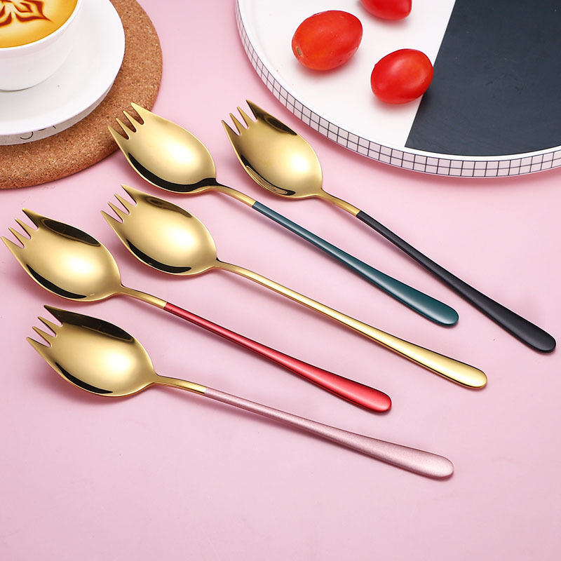 2Pcs Fork Spoon 2 In 1 Multi-function Camping Tableware Stainless Steel Cutlery Salad Spoons Unique Spoons Gold Dessert Spoon