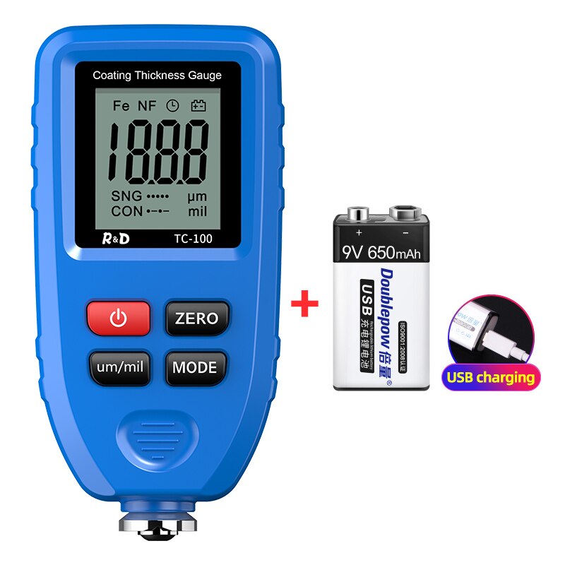 R &amp; D – jauge d'épaisseur de revêtement de peinture automobile blanche, testeur d'épaisseur de Film de peinture automobile, outil de peinture manuel russe FE/NFE, TC100: Blue with battery