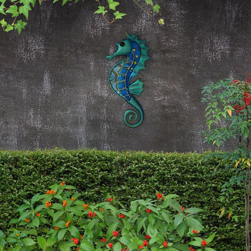 Statue et Sculpture d'hippocampe en métal avec verre, décoration murale de Jardin pour maison, animaux d'extérieur