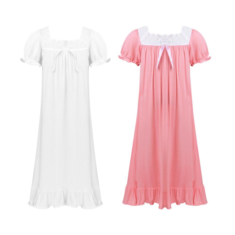 Barn flickor sovklänning prinsess nattlinne nattkläder pyjamas fyrkantig hals långärmad bomull spets volang nattrock