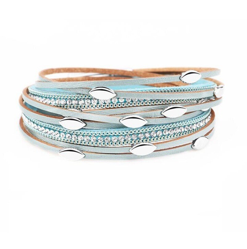 Multilayer Leather Leaf Bracelet Shiny Rhinestone Inlaid Women Charm Prom Jewelry