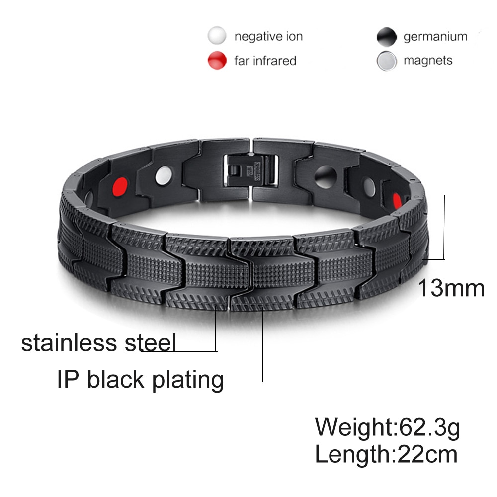 Vinterly Black Men Bracelet Hand Chain Health Energy Germanium Magnetic Bracelet Male Stainless Steel Bracelets for Men Jewelry