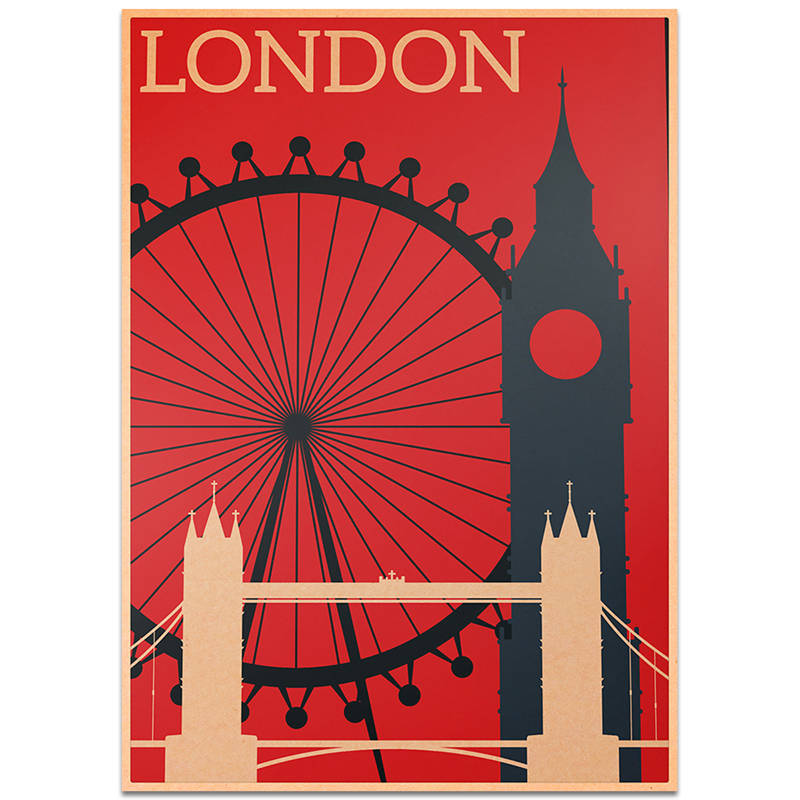 London city rejseplakat håndmalet turistattraktioner vintage kraftpapir pub cafe soveværelse boligindretning wallsticker 42 x 30cm: Tcity 142