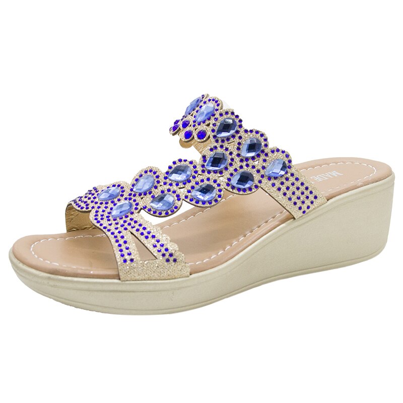 WDHKUN Bling femmes sandales été sandales à talons hauts cristal décontracté dames chaussures talons hauts strass pantoufles #0626: Bleu / 37