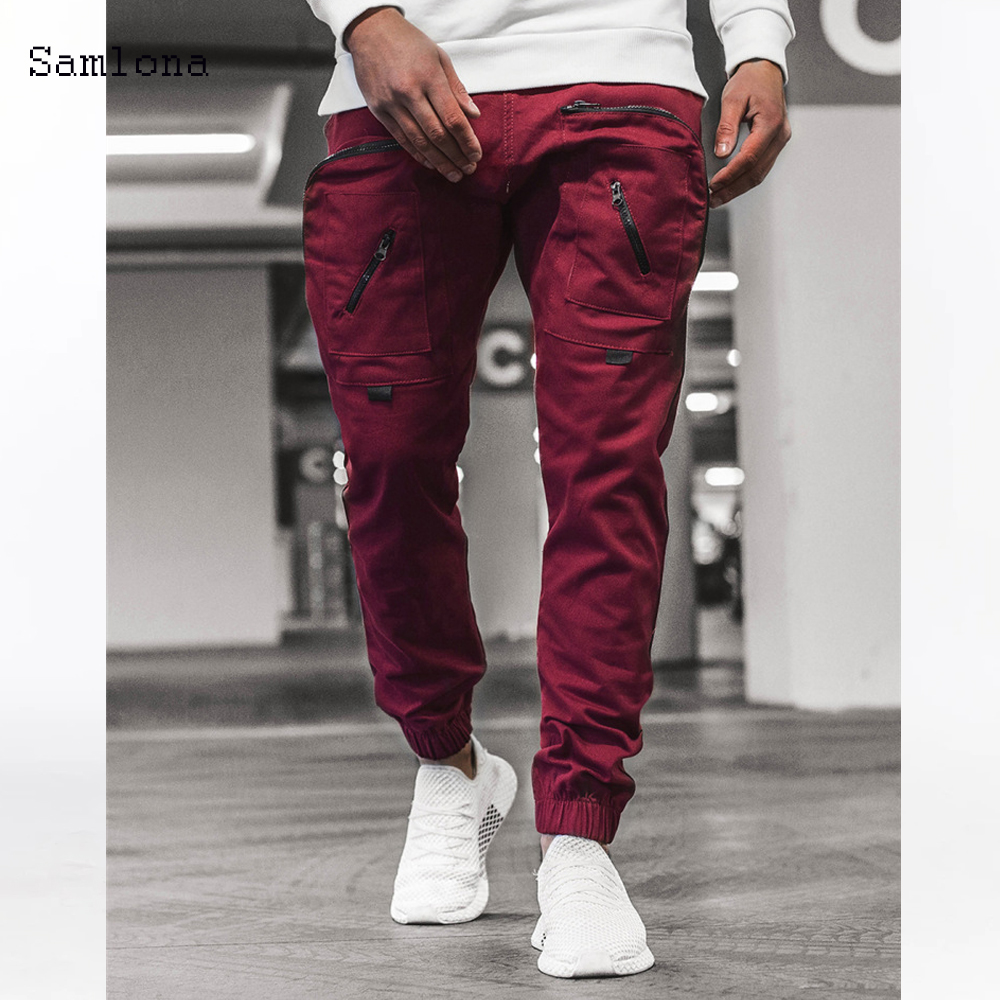 Fritid cargo bukser lommer glidelås bukser menn sommer sport hip hop jogger bukser herre fritids joggebukser streetwear: Xxxl / Burgunder