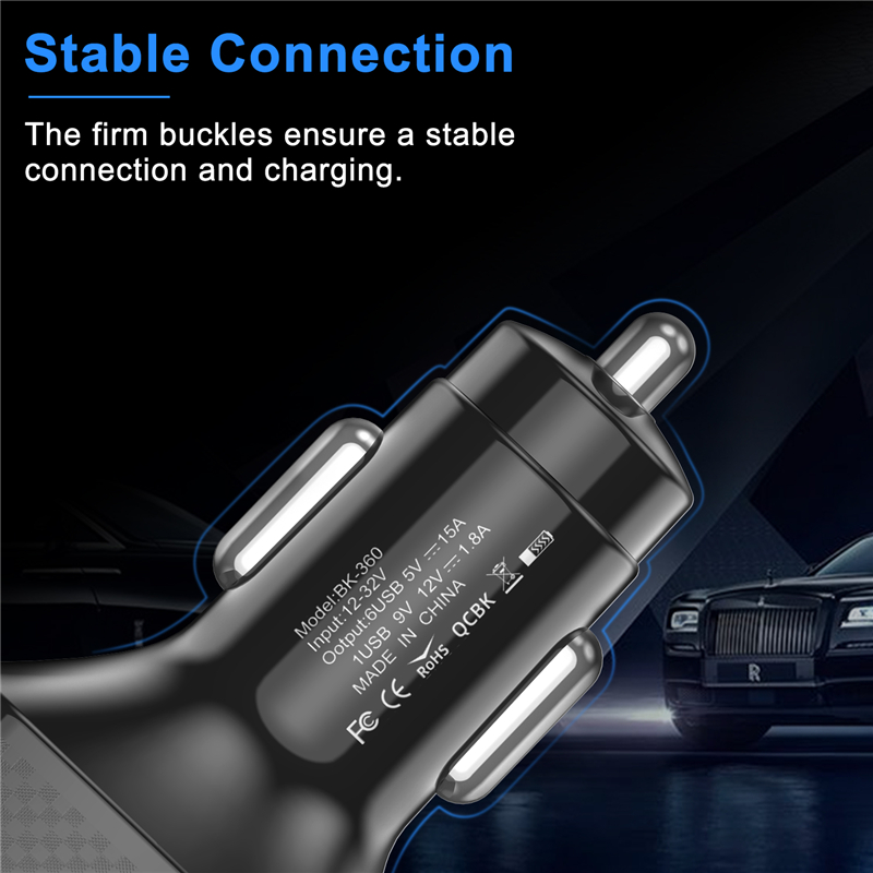 Lovebay Fast Charging Car Charger 75W 15A Multiple Ports Plug QC 3.0 Car Adapter USB LED Charger For Xiaomi Samsung Huawei Etc.