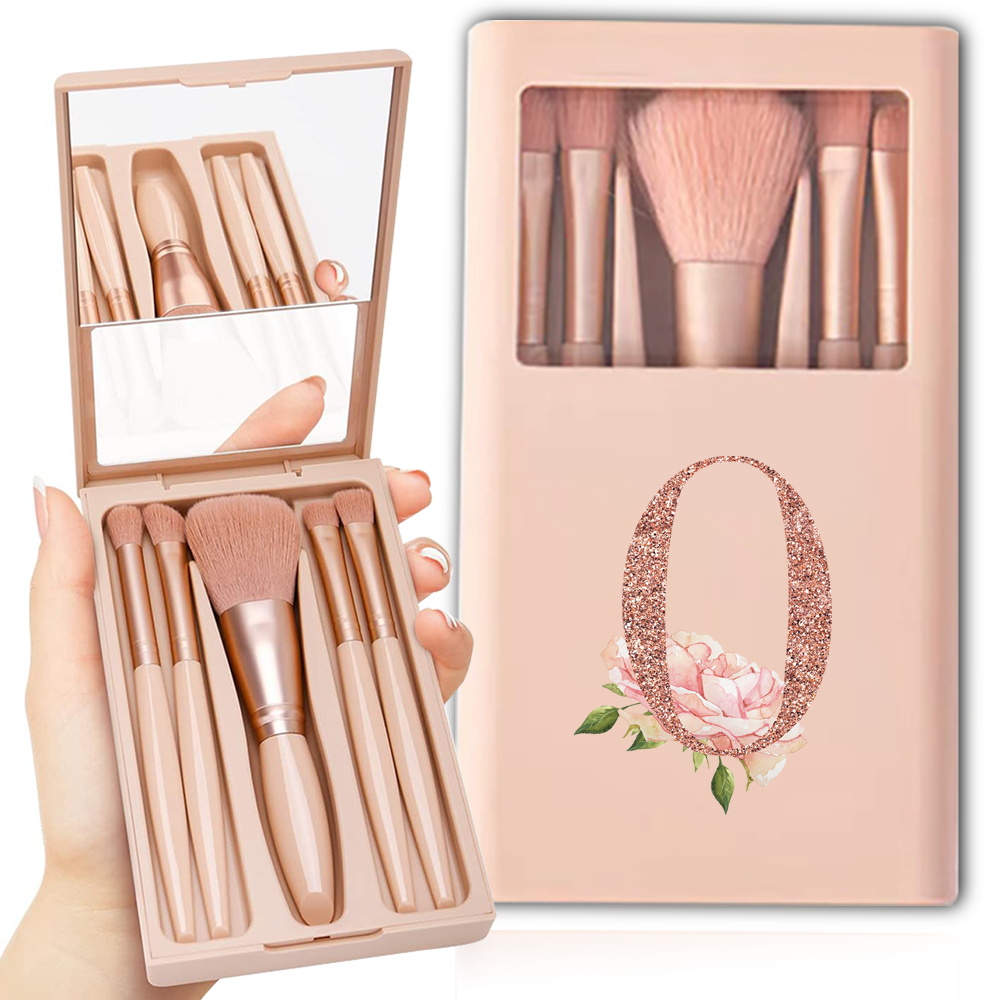 Kit de brochas cosméticas con espejo y estuche, caja plegable, juego de brochas de maquillaje, herramienta de belleza portátil, patrón de letras de oro rosa, 5 uds.