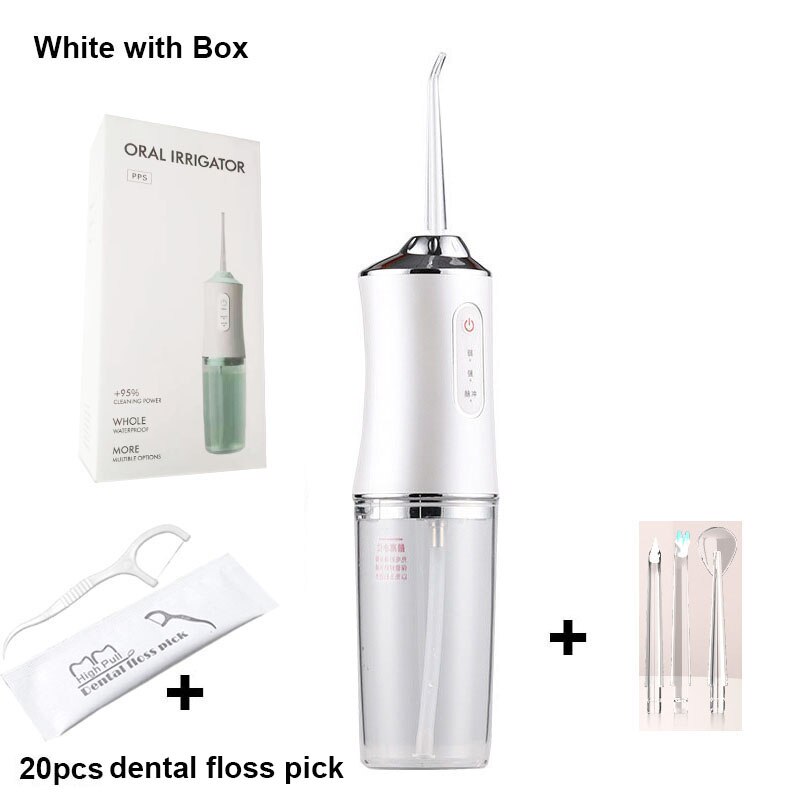 Vanntett munnskylling dental vannstråle vannflosser waterpik usb oppladbar vanntråd 300ml vanntank tennerenser: Hvit med eske