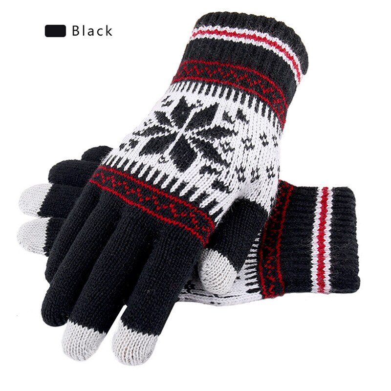 Outdoor Rijden Handschoenen Warme Winter Wol Gebreide Handschoenen Vrouwen En Mannen Sneeuwvlok Patroon Volledige Vinger Unisex Touch Screen handschoenen: Black