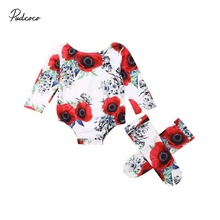 2019 Primavera Outono Bebê Roupas 0-24M Infantil Bebê Menina Miúdo Flor de Manga Longa Bodysuit Macacão Floral Tops + Polainas Sock