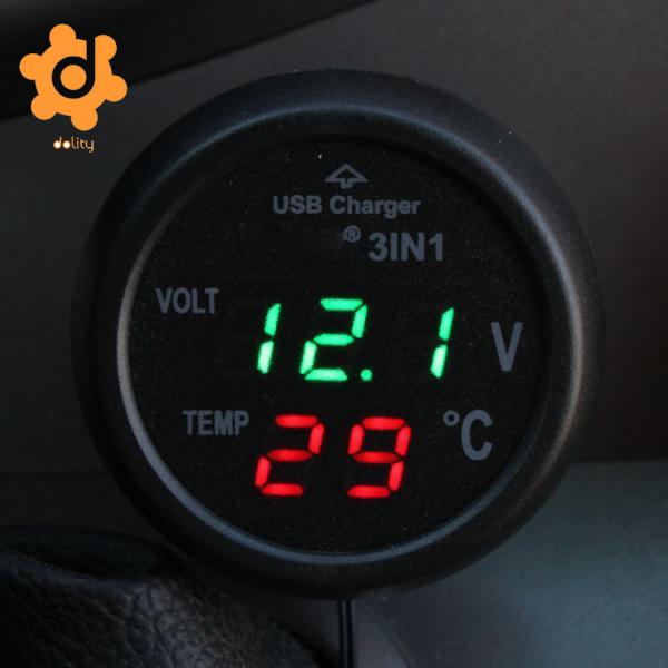 3in1 Auto 12V 24V Groene Led Digitale Voltmeter Thermometer Usb Charger Plastic Rood-Temperatuur Groen-Spanning