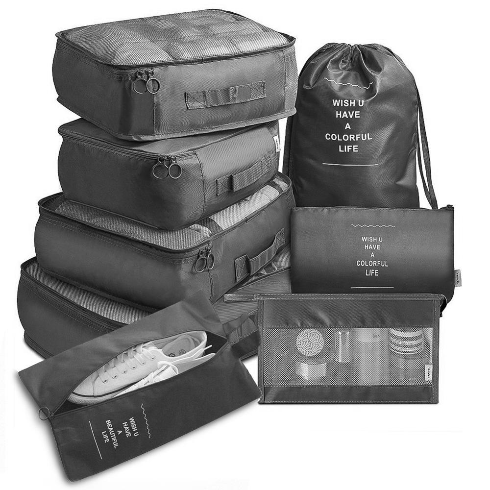 8 stk / sæt rejsetøj klassificering opbevaringspose til emballering af terningsko undertøj toiletartikler arrangørpose rejsetilbehør: Sort