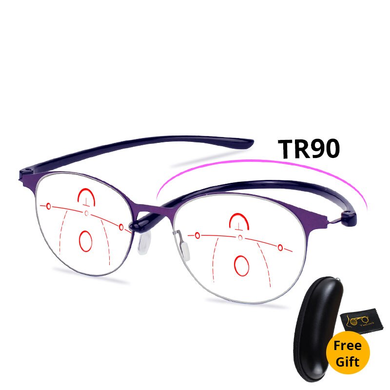 Multifocal Progressive Reading Glasses Women Anti Blue Ray Computer Eyeglasses Distance And Near+1.0 1.5 2.0 2.5 3.0 3.5 4.0: +400 / Purple(With Case)