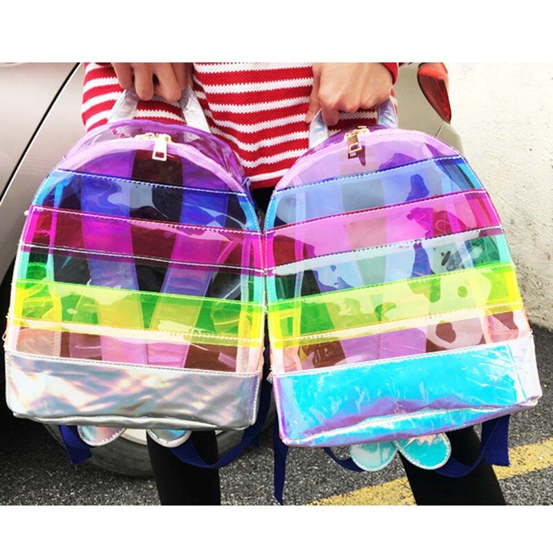 Regenbogen PVC Rucksack transparent Wasserdicht Schule Tasche Frauen Schulter Schulranzen Klar Bunte Rucksäcke Reise Daypack