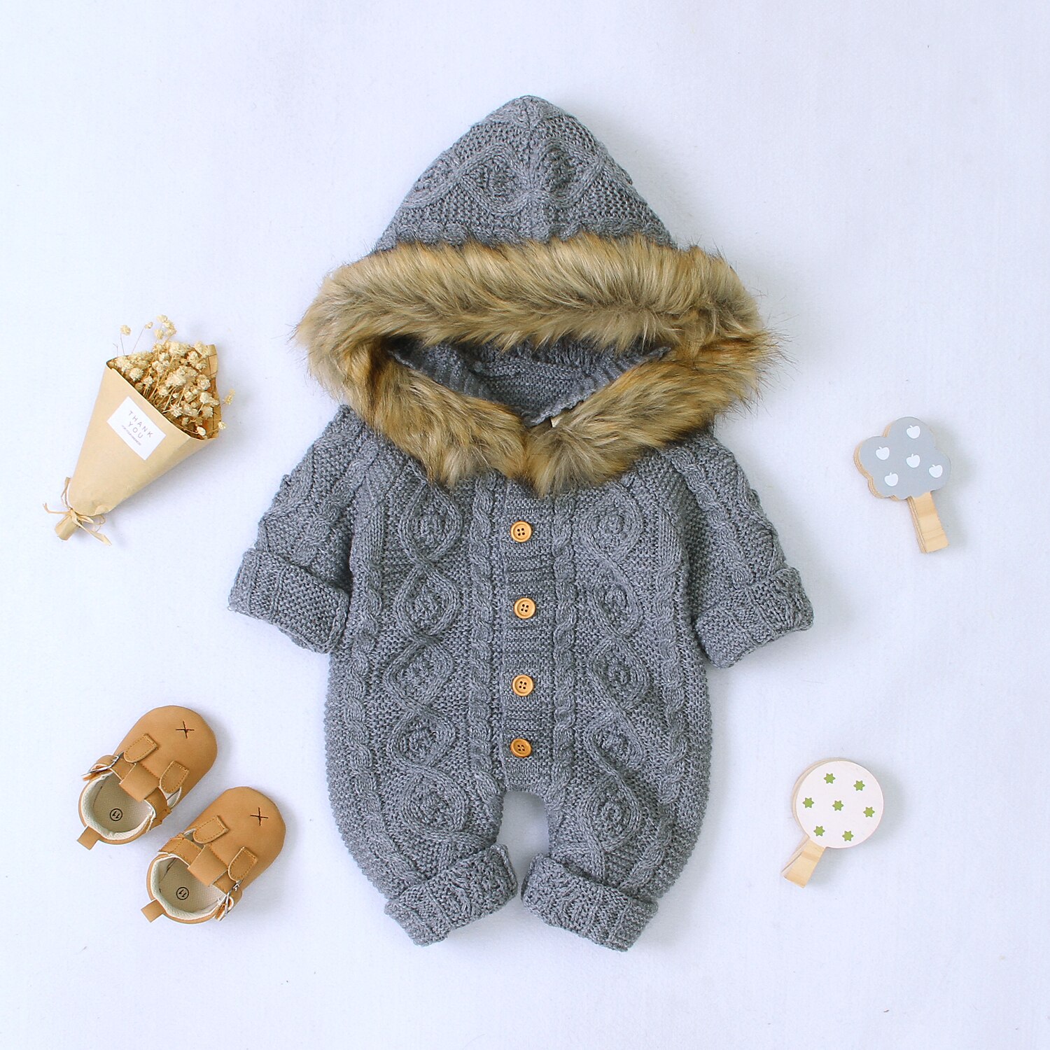 Mise au point 0-18M hiver bébé garçons barboteuses solide à manches longues simple boutonnage fourrure à capuche tricot combinaisons