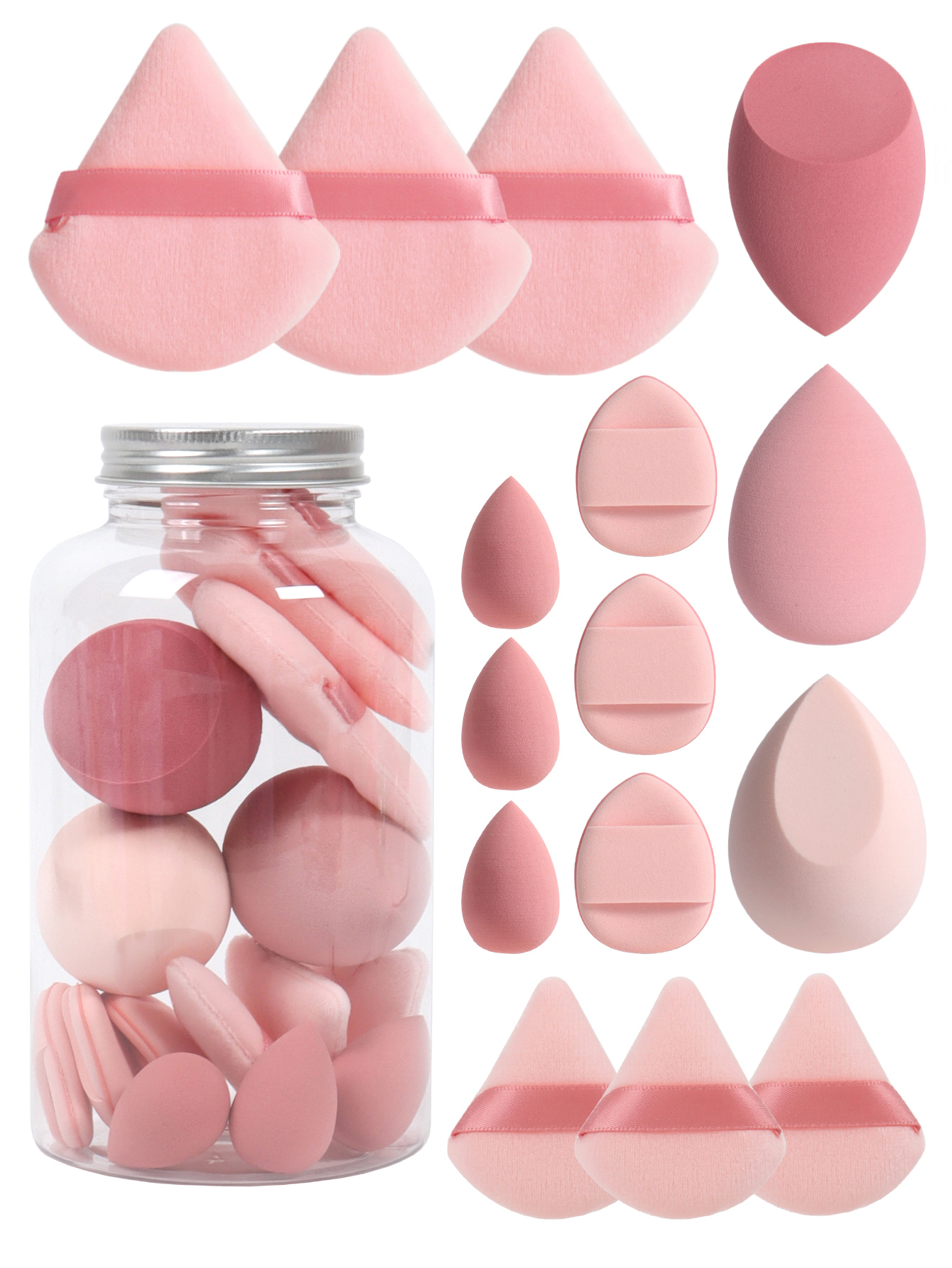 Primavera 15 latas, 3 esponjas para polvos sueltos y 3 mini esponjas para polvos sueltos y 3 mini huevos de maquillaje y 3 mini esponjas con cojín de aire, mezcla de bases: Rosa claro