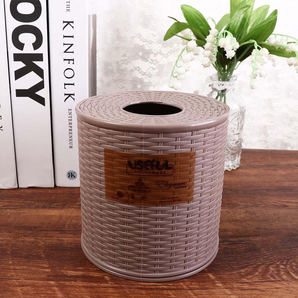 Caja de almacenamiento de pañuelos de mimbre de simulación Beige/marrón oscuro, rollo decorativo a prueba de polvo, estante de papel, contenedor, caja de pañuelos de plástico redonda