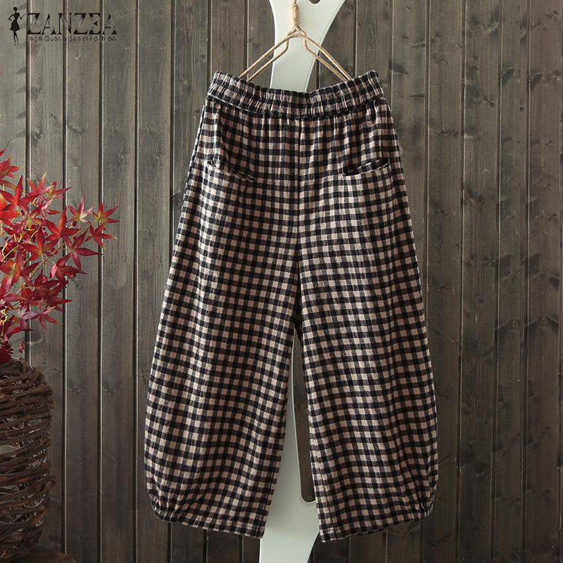 Frauen Baumwolle Leinen Hosen ZANZEA Sommer Plaid Überprüfen Elastische Taille lässig Hosen verlieren Taschen Breite Bein Lange Pantalon Femme