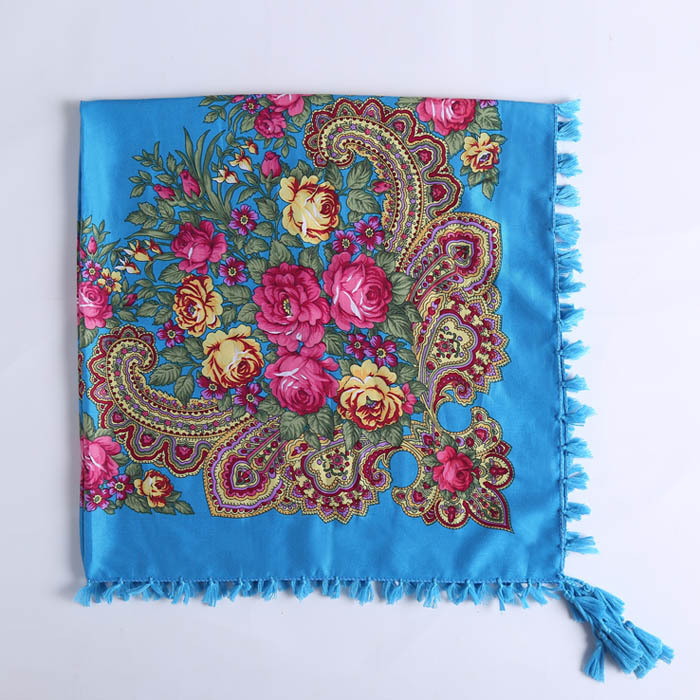 90*90CM Women Russian Style Peony Floral Printed Long Tassel Large Square Scarf Warm Wrap Traditional Ethnic Mexican Shawl: GRAY