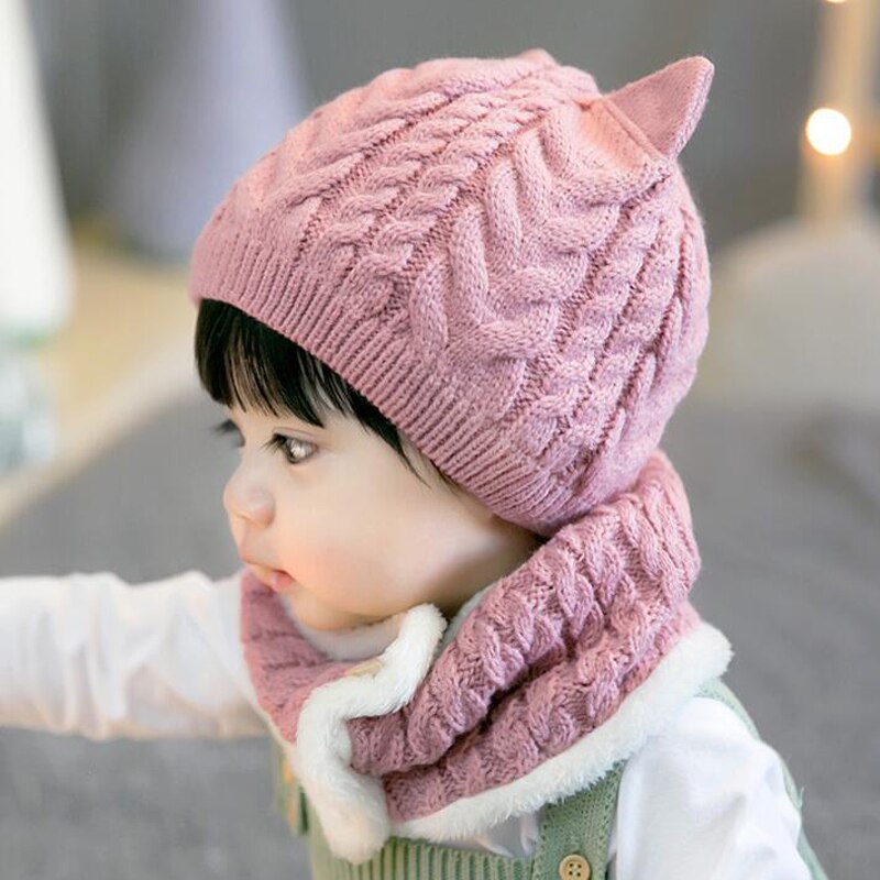 2- delige wintermuts, muts, sjaal, babymuts, muts van katoenbreisel, warme muts voor kinderen: Roze