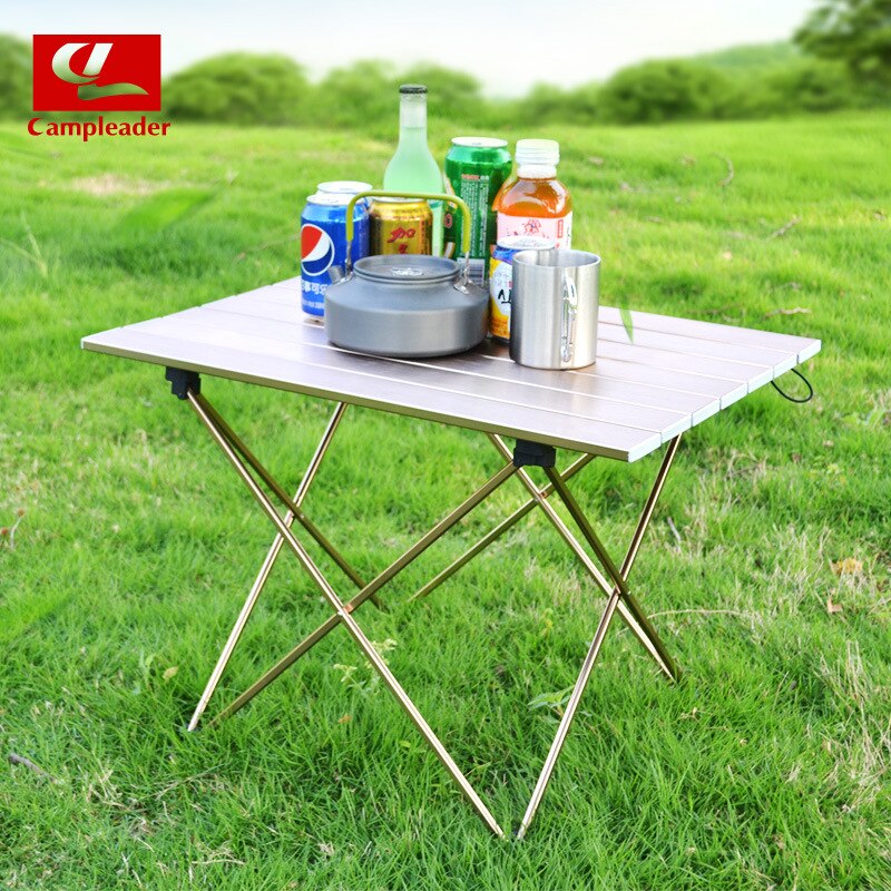 Utendørs camping bærbar enkel tegning bordplate aluminium sammenleggbart bord grillbord piknikbord lysebrunt