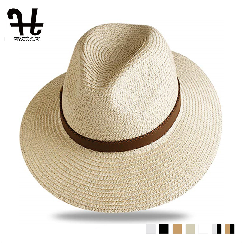 Furtalk Zomer Strooien Hoed Voor Mannen Vrouwen Zon Strand Hoed Mannen Jazz Panama Hoeden Fedora Brede Rand Zon Bescherming Cap met Lederen Riem
